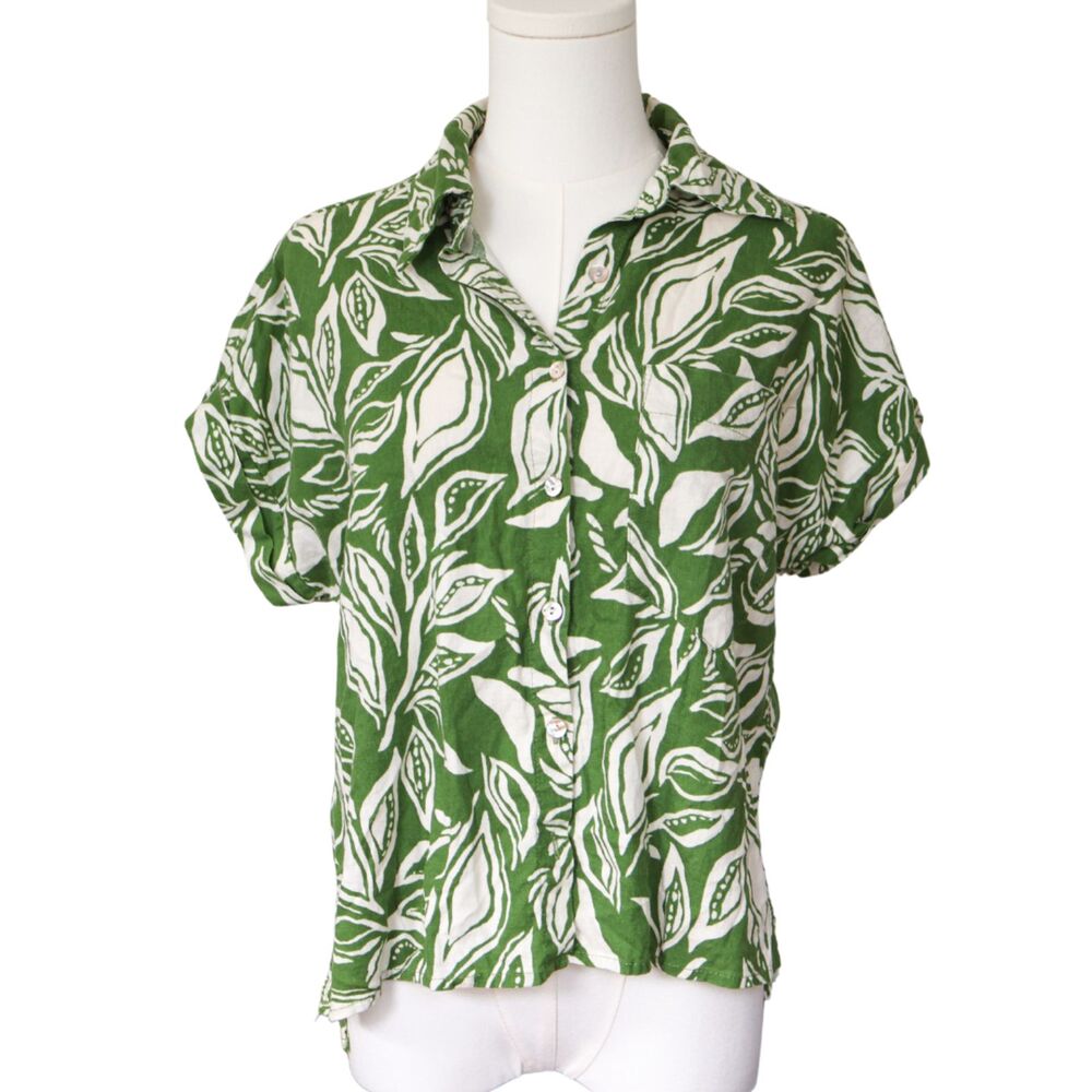 Panama Jack green leaf pattern linen blend button-down linen shirt xs